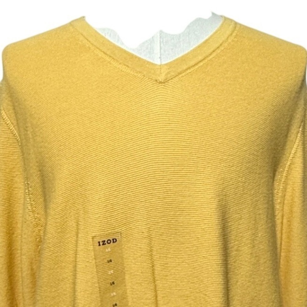 Izod Sweater Mens Large Yellow Pullover Solid Fine Gauge Essential V-Neck Ribbed